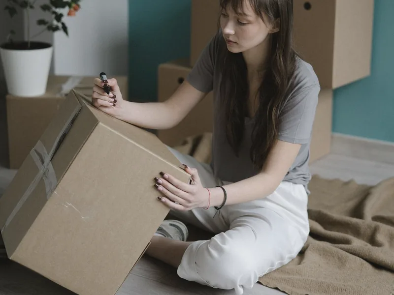 A woman labeling a moving box
