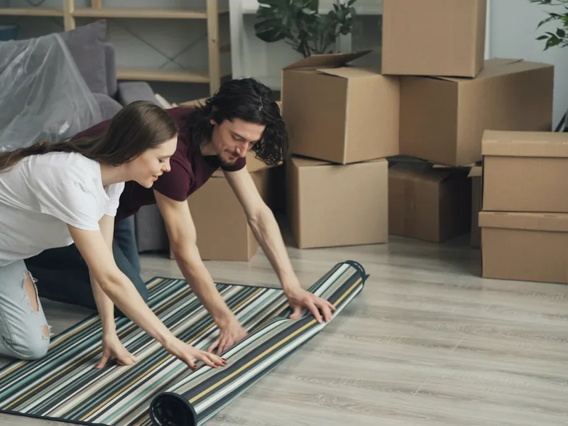 A couple rolling up a rug among moving boxes
